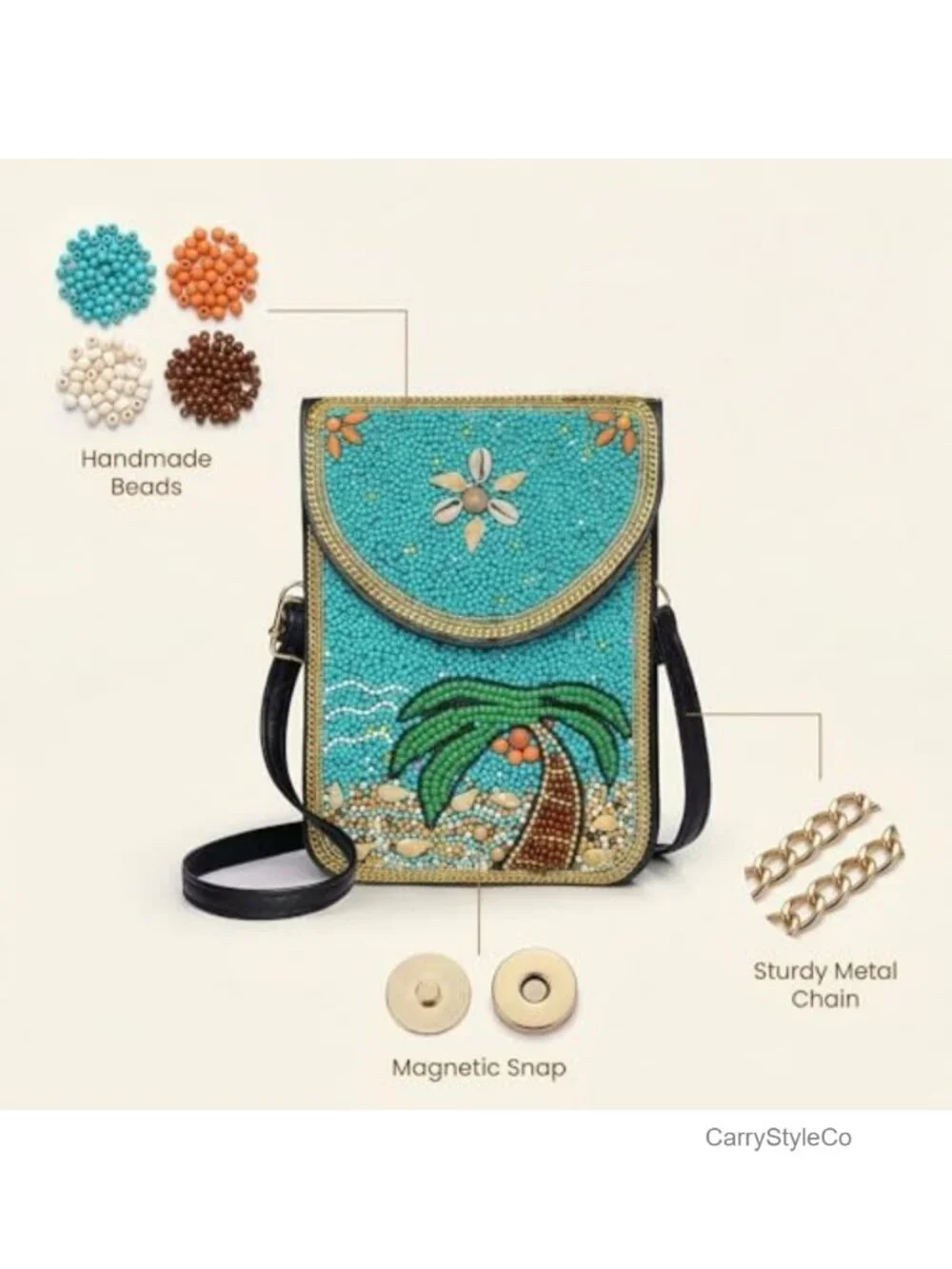 Boho Beaded Crossbody Bag for Women, Cell Phone Wallet Purse with Leather and